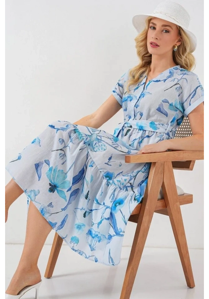 Desenli Kısa Kol Elbise 2558 - Mavi