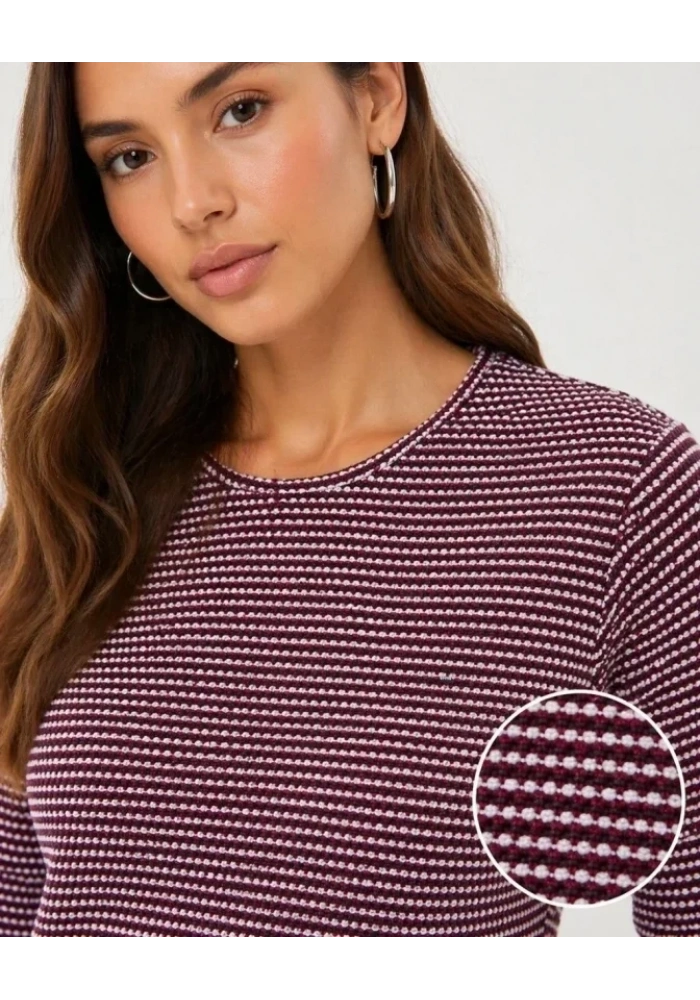 Dokulu Çizgili Uzun Kollu Tişört Oval Kesim Basic Rahat Kalıp Bluz - Bordo