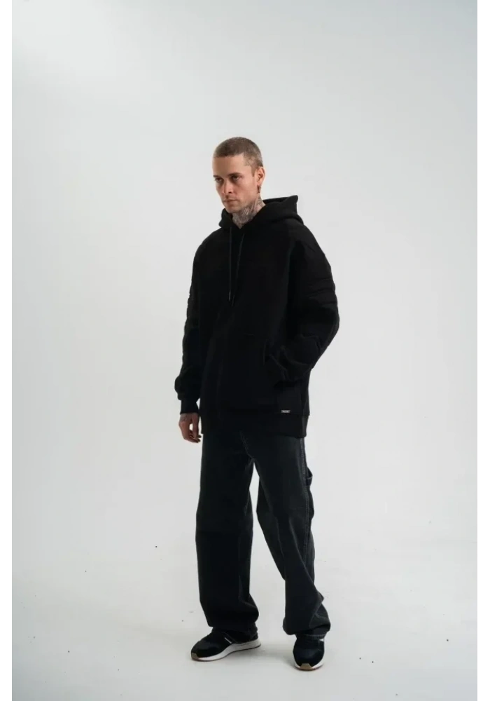 Double Oversize Kapşonlu Nakışlı SweatShirt - Siyah