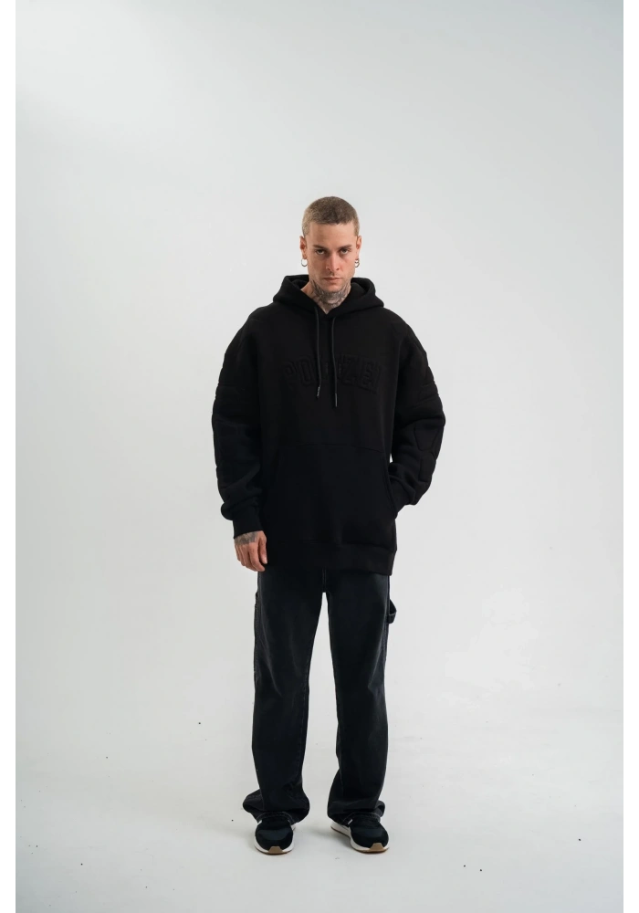 Double Oversize Kapşonlu Nakışlı SweatShirt - Siyah