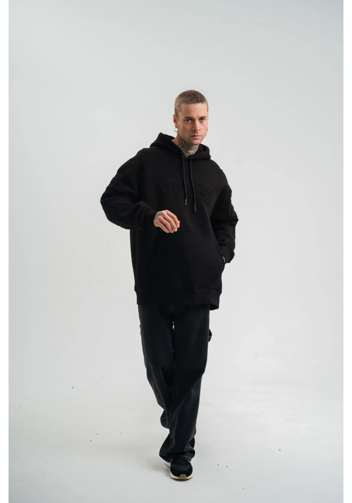 Double Oversize Kapşonlu Nakışlı SweatShirt - Siyah