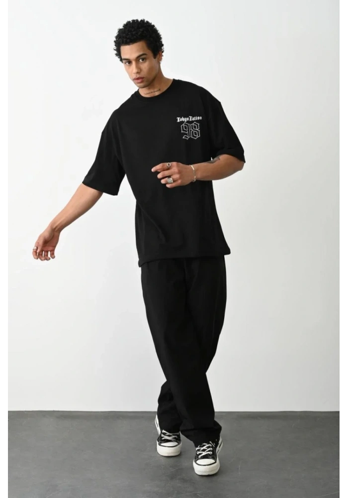 Erkek Kısa Kol Yazlık Tişört Bisiklet Yaka Baskılı Oversize T-Shirt - Siyah