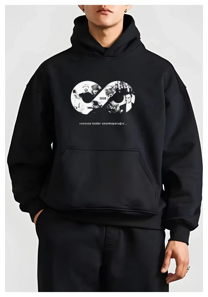 Erkek 10 Kasıma Özel 3 İplik Kapüşonlu Baskılı SweatShirt Hoodie - Siyah