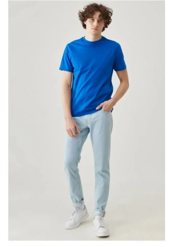 Erkek 24/1 Düz A Kalite Oversize T-shirt - Mavi