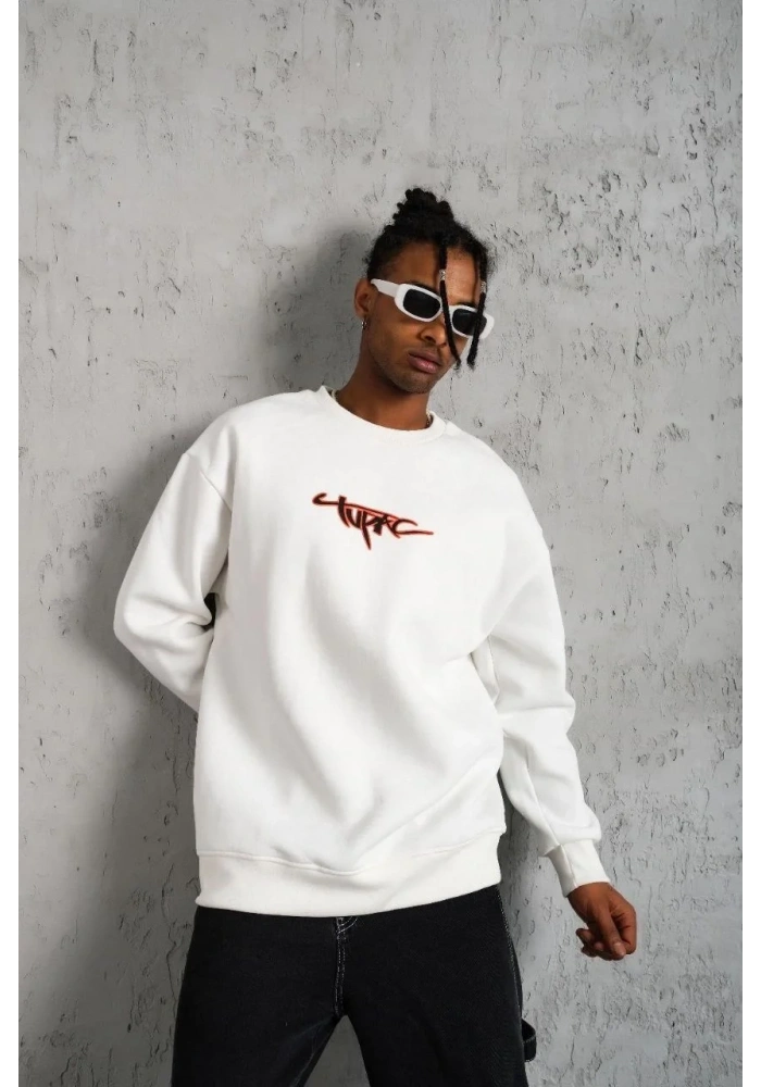 Erkek 3 İplik Pamuklu Bisiklet Yaka Gangster Baskılı Sweatshirt - Beyaz