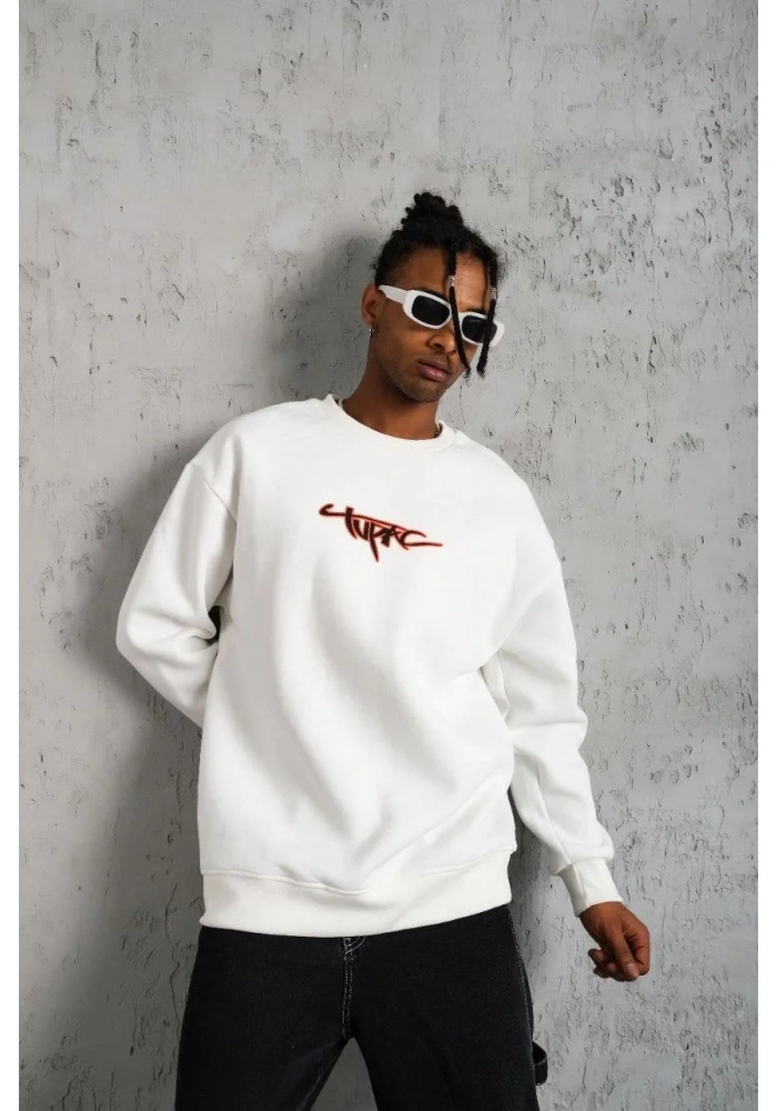 Erkek 3 İplik Gangster Baskılı Sweatshirt - Beyaz