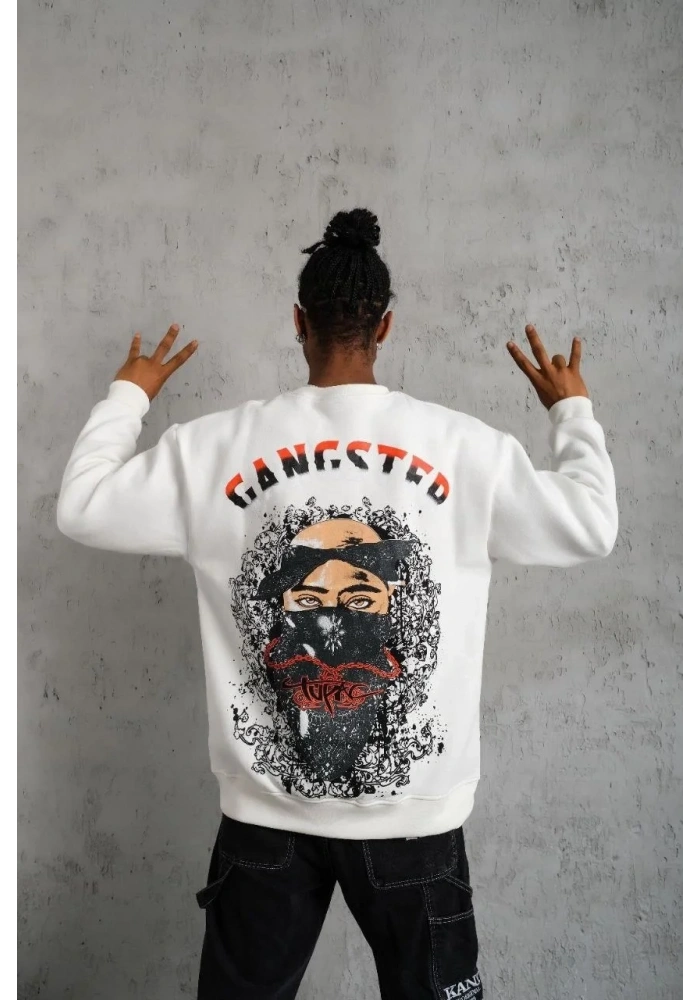 Erkek 3 İplik Pamuklu Bisiklet Yaka Gangster Baskılı Sweatshirt - Beyaz
