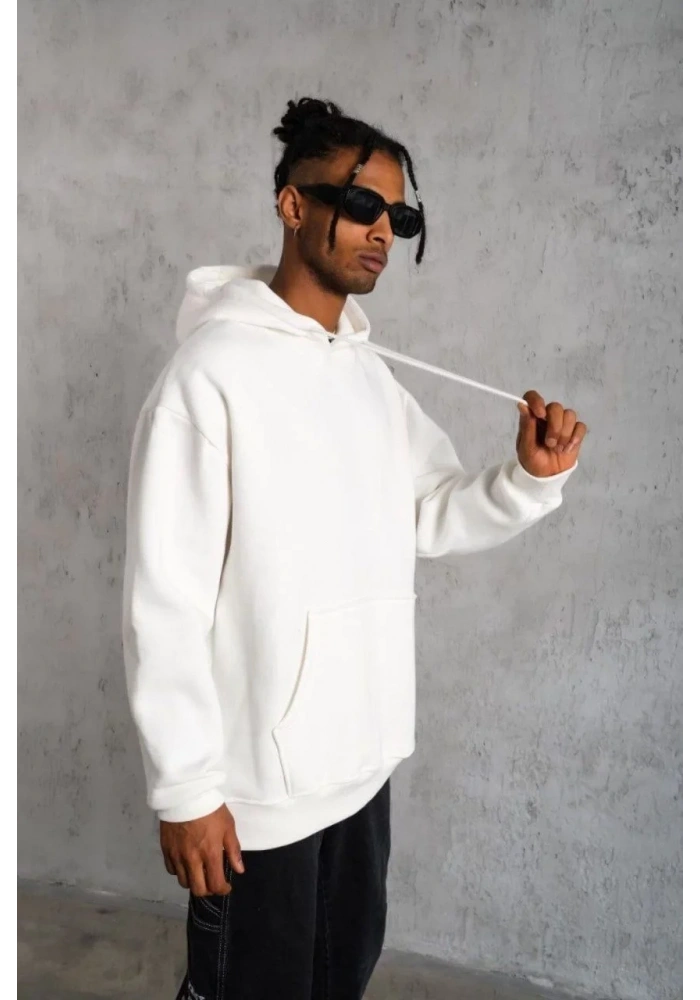 Erkek 3 İplik Pamuklu Kapüşonlu Cepli Düz Oversize Hoodie Sweatshirt - Beyaz