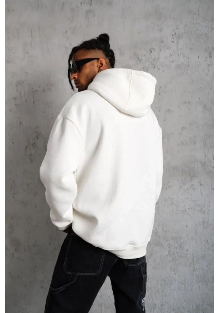 Erkek 3 İplik Pamuklu Kapüşonlu Cepli Düz Oversize Hoodie Sweatshirt - Beyaz