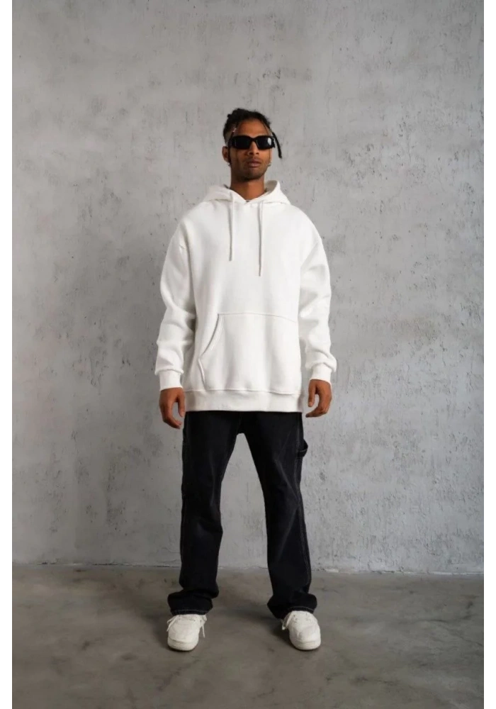 Erkek 3 İplik Pamuklu Kapüşonlu Cepli Düz Oversize Hoodie Sweatshirt - Beyaz