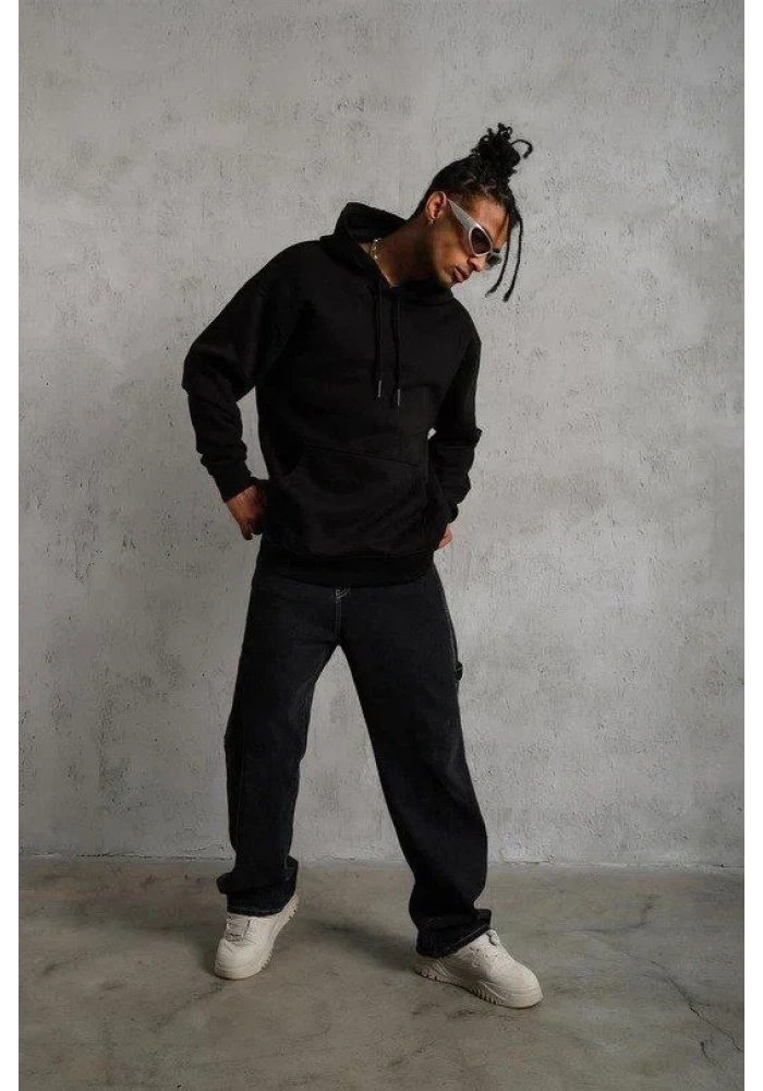Erkek 3 İplik Pamuklu Kapüşonlu Cepli Düz Oversize Hoodie Sweatshirt - Siyah