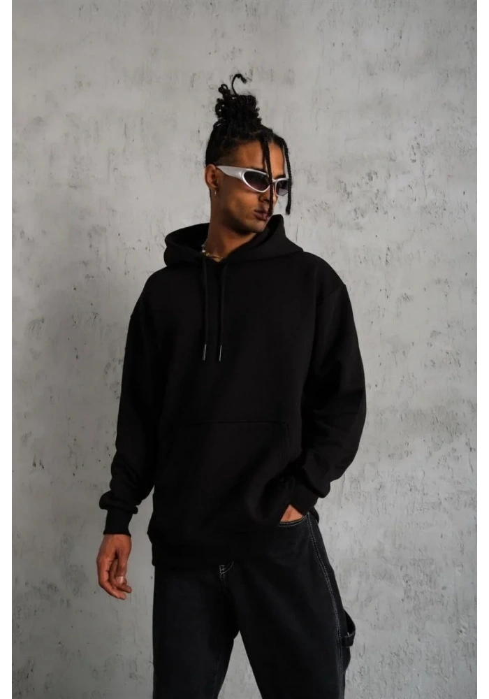 Erkek 3 İplik Pamuklu Kapüşonlu Cepli Düz Oversize Hoodie Sweatshirt - Siyah