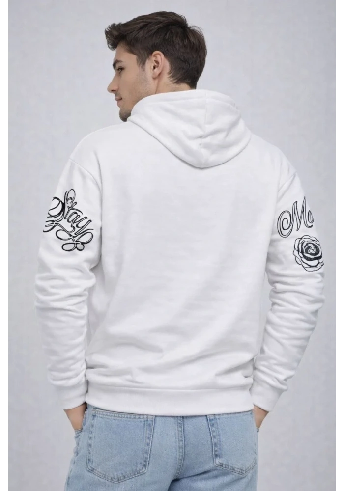 Erkek 3 İplik Pamuklu Kapüşonlu Baskılı SweatShirt hoodie - Beyaz