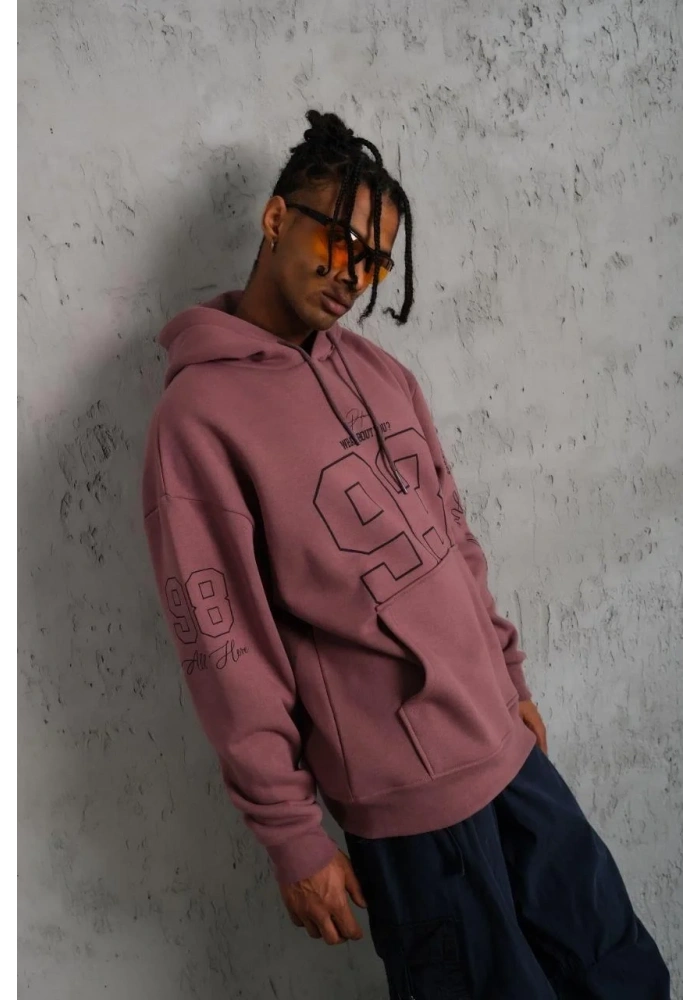 Erkek 93 Dijital Parça Baskılı Kapşonlu Sweat - Gül Kurusu