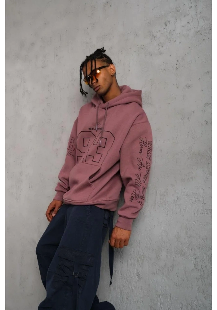 Erkek 93 Dijital Parça Baskılı Kapşonlu Sweat - Gül Kurusu