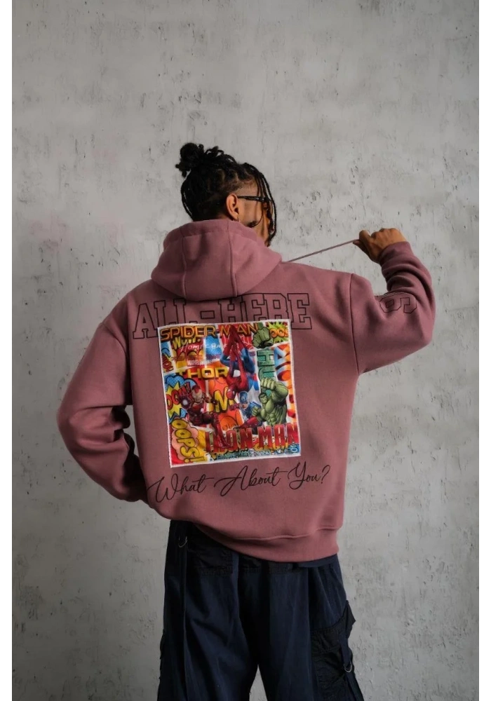 Erkek 93 Dijital Parça Baskılı Kapşonlu Sweat - Gül Kurusu