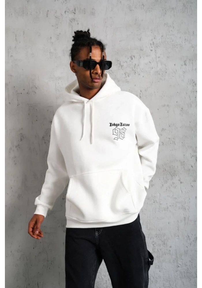 Erkek 98 Baskılı Kapşonlu 3 iplik pamuklu Sweatshirt hoodie - Beyaz