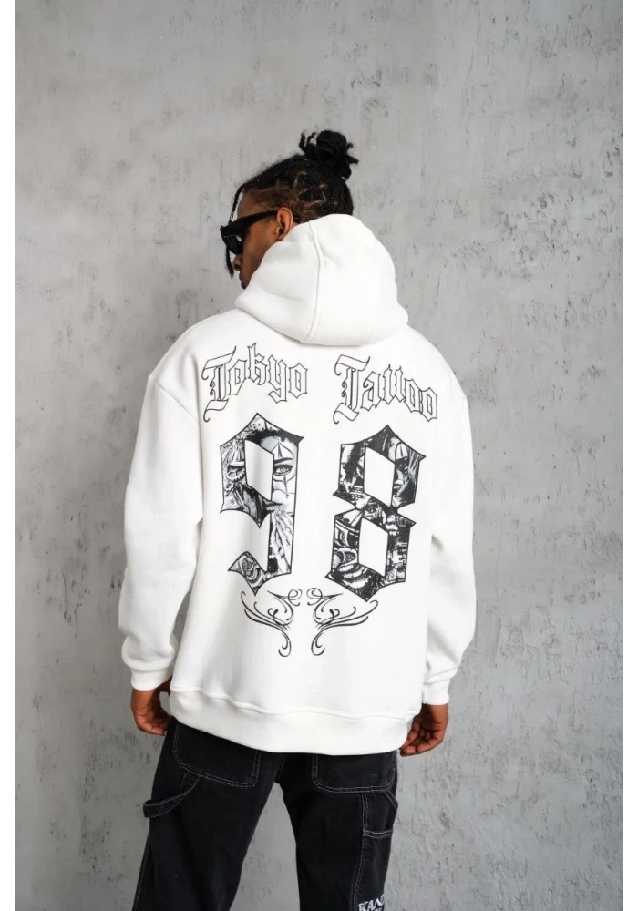 Erkek 98 Baskılı Kapşonlu 3 iplik pamuklu Sweatshirt hoodie - Beyaz