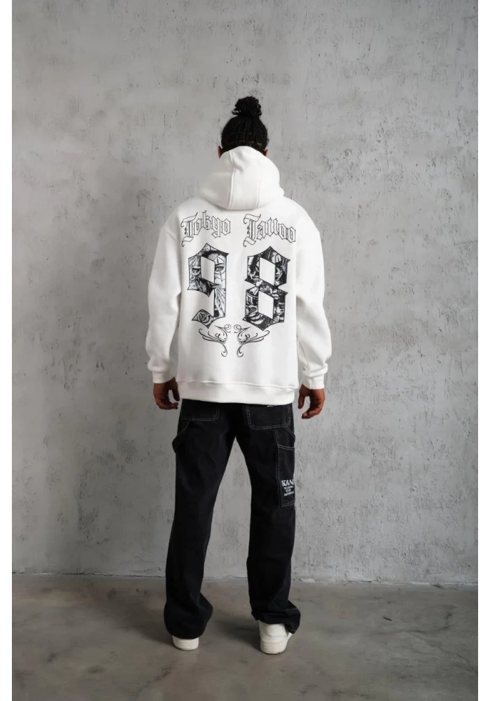 Erkek 98 Baskılı Kapşonlu 3 iplik pamuklu Sweatshirt hoodie - Beyaz
