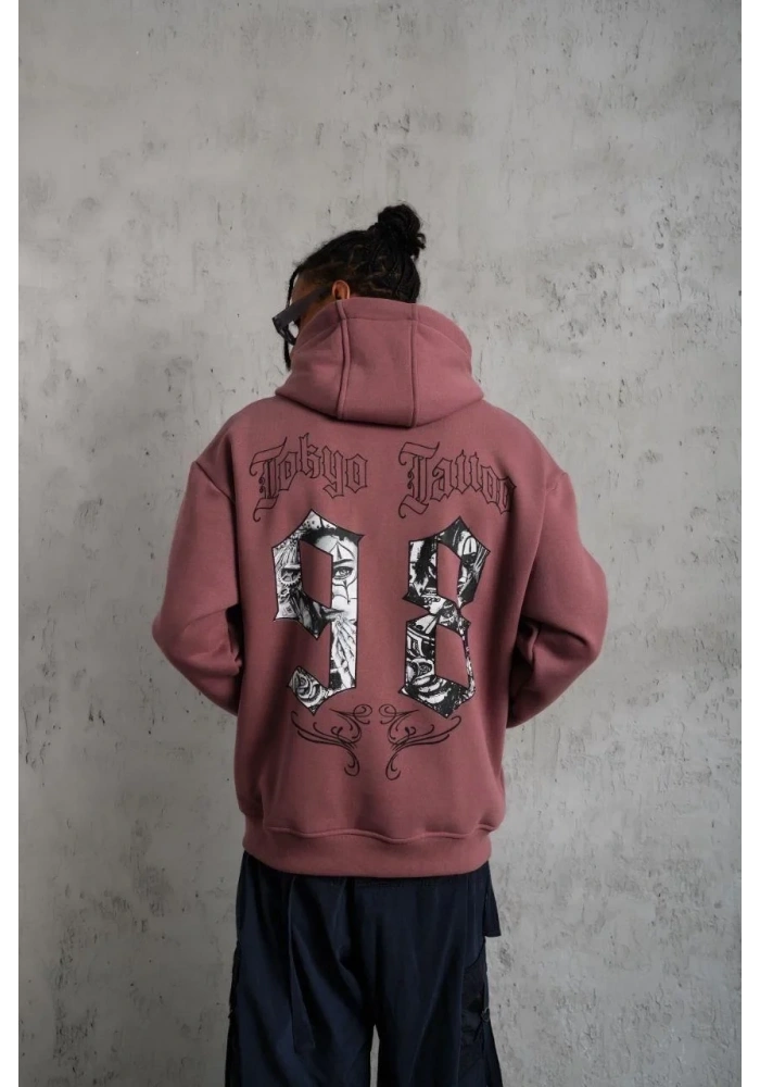 Erkek 3 İplik Pamuklu Kapüşonlu Baskılı Cepli Sweatshirt Hoodie - Gül Kurusu