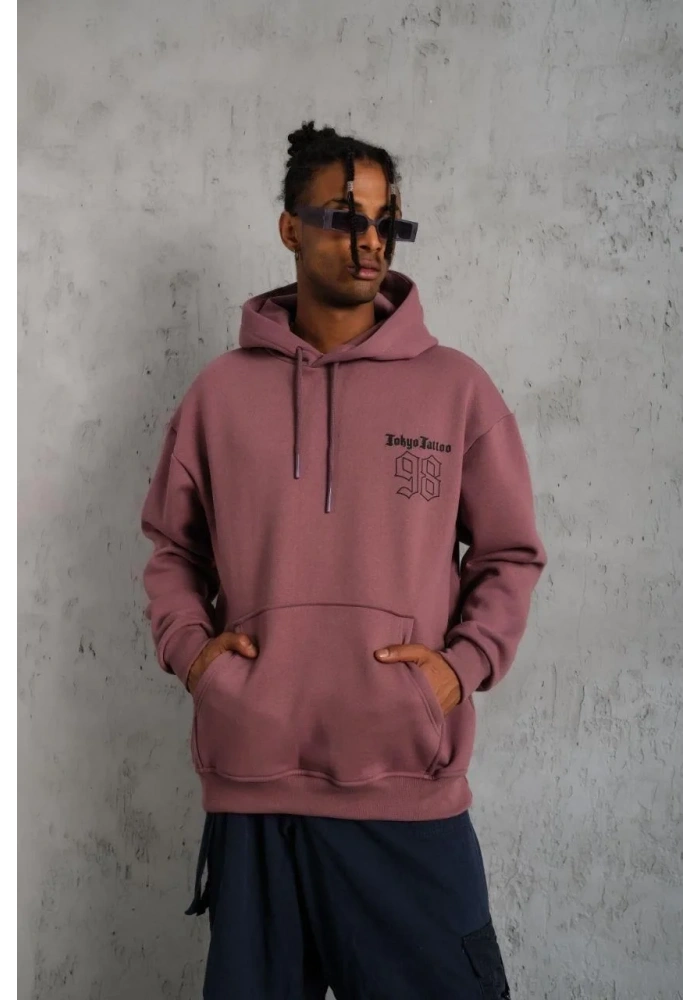 Erkek 3 İplik Pamuklu Kapüşonlu Baskılı Cepli Sweatshirt Hoodie - Gül Kurusu