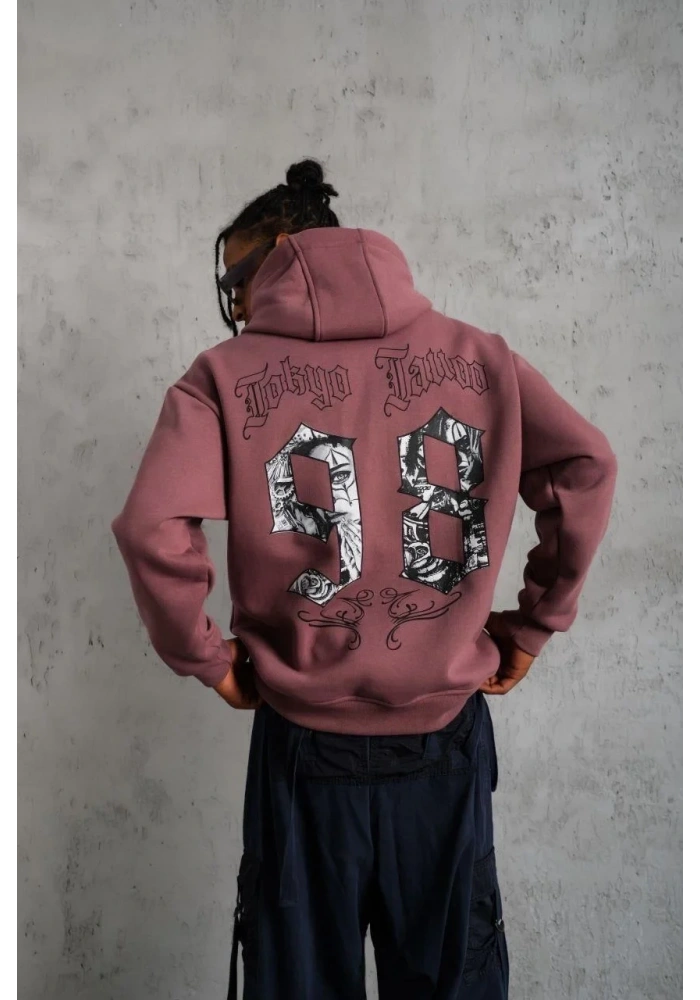 Erkek 3 İplik Pamuklu Kapüşonlu Baskılı Cepli Sweatshirt Hoodie - Gül Kurusu