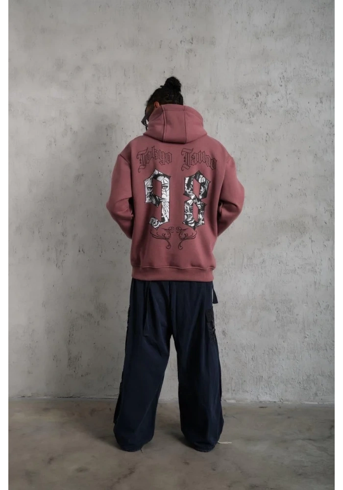 Erkek 3 İplik Pamuklu Kapüşonlu Baskılı Cepli Sweatshirt Hoodie - Gül Kurusu