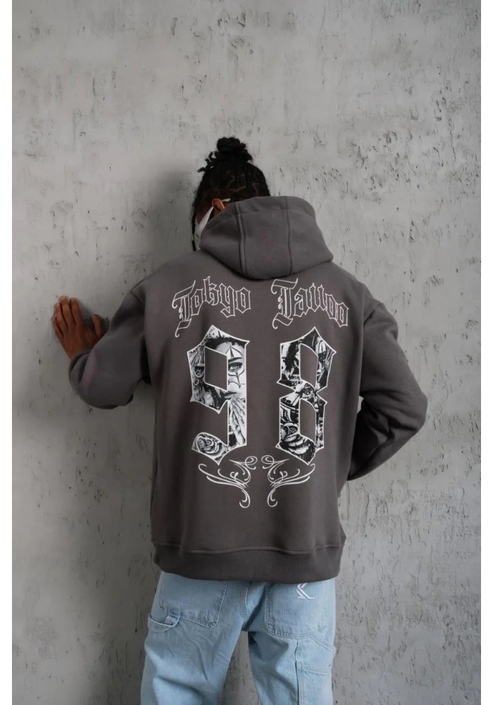 Erkek 3 İplik Pamuklu Kapüşonlu Baskılı Cepli Oversize Sweatshirt Hoodie - Gri