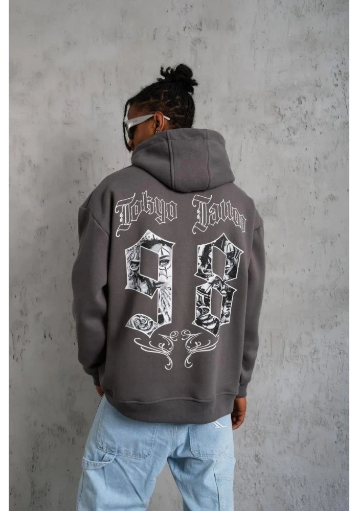Erkek 3 İplik Pamuklu Kapüşonlu Baskılı Cepli Oversize Sweatshirt Hoodie - Gri