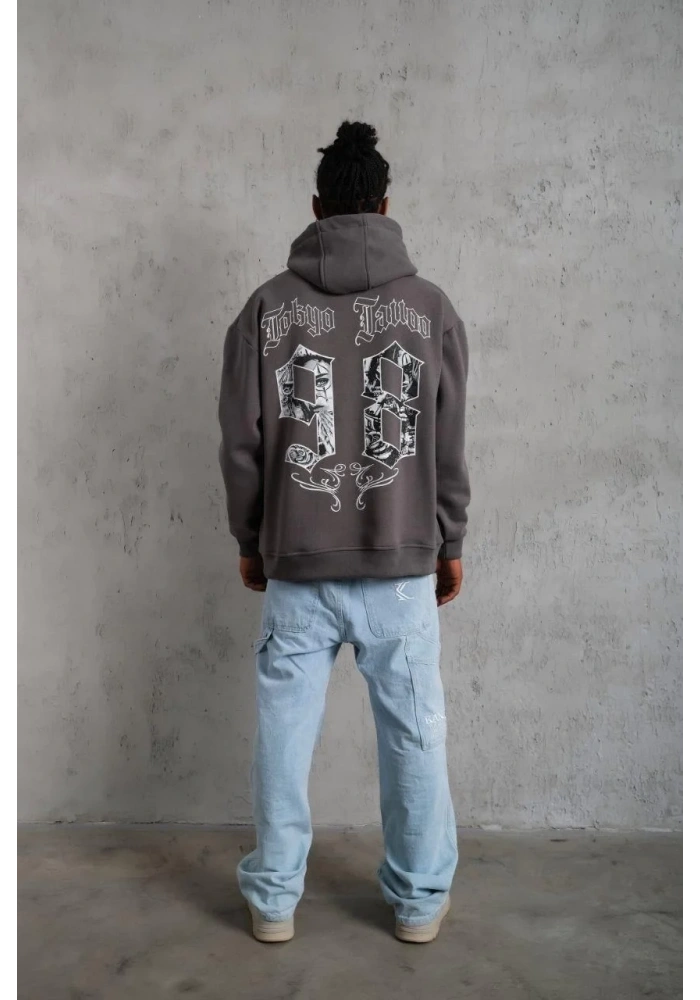Erkek 3 İplik Pamuklu Kapüşonlu Baskılı Cepli Oversize Sweatshirt Hoodie - Gri
