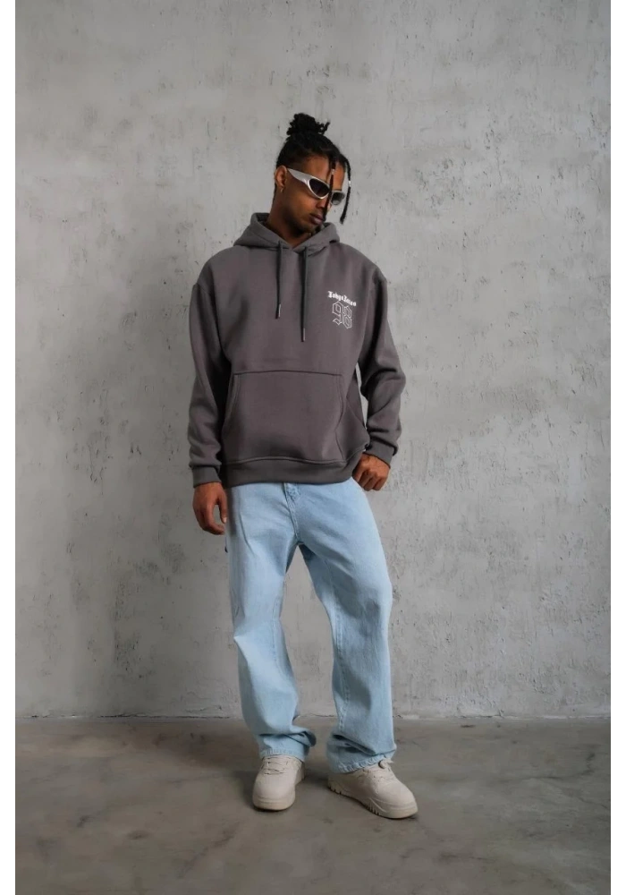 Erkek 3 İplik Pamuklu Kapüşonlu Baskılı Cepli Oversize Sweatshirt Hoodie - Gri