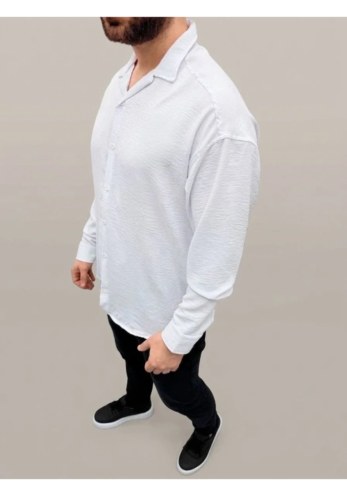 Erkek Aerobin Kumaş Oversize 4 Mevsim Uzun Kollu Rahat Kalıp Gömlek - Beyaz
