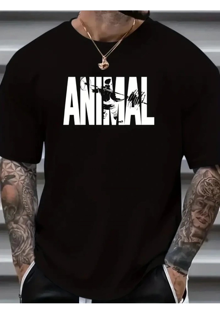 Erkek ANIMAL Baskılı Tişört Bisiklet YakaYazlık T-shirt - Siyah