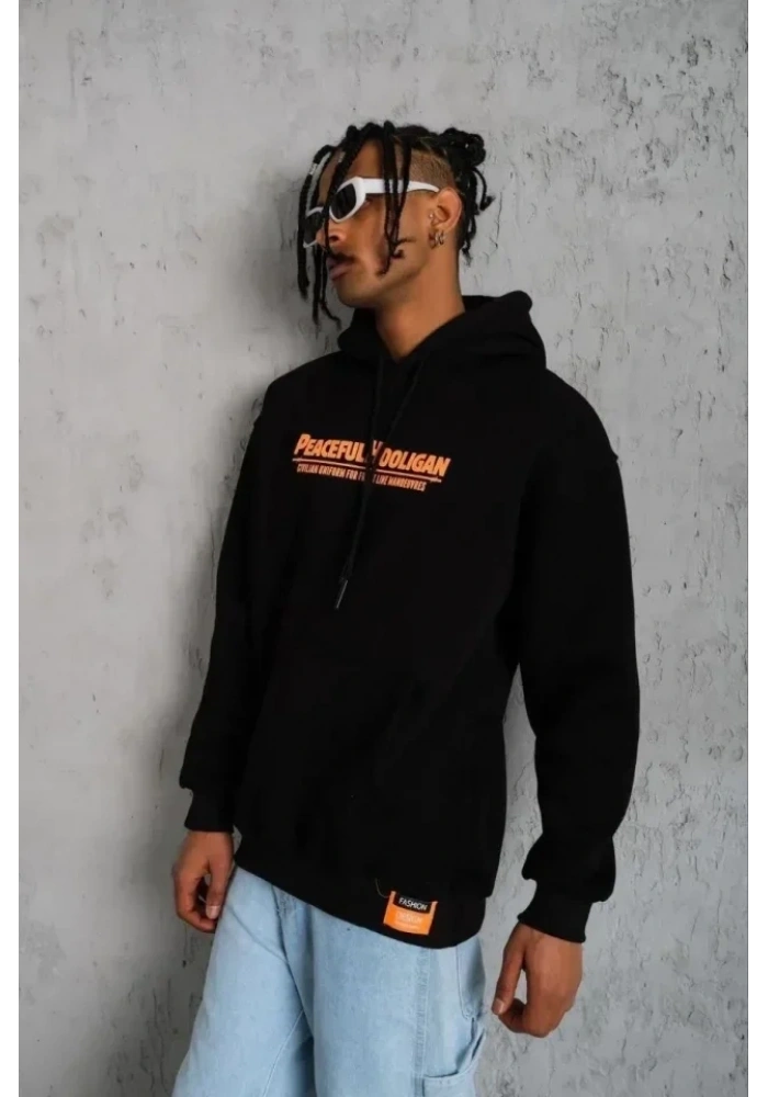 Erkek Armalı Baskılı Kapüşonlu Sweatshirt - Siyah