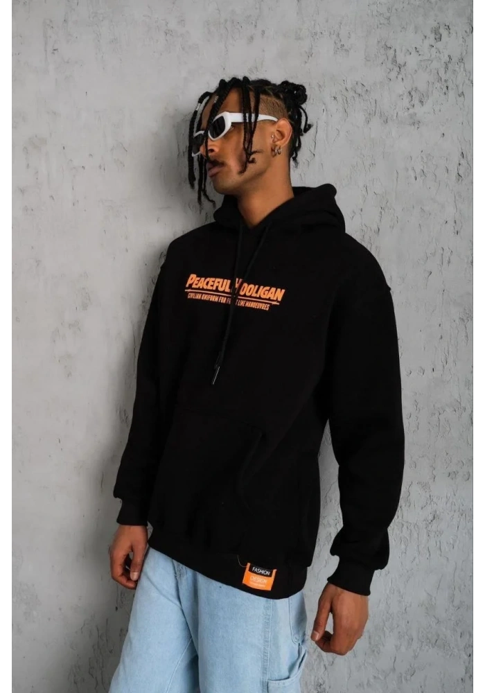 Erkek Armalı Baskılı Kapüşonlu Sweatshirt - Siyah