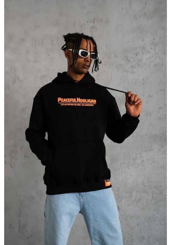 Erkek 3 İplik Pamuklu Kapüşonlu Baskılı Cepli Oversize Sweatshirt Hoodie - Siyah