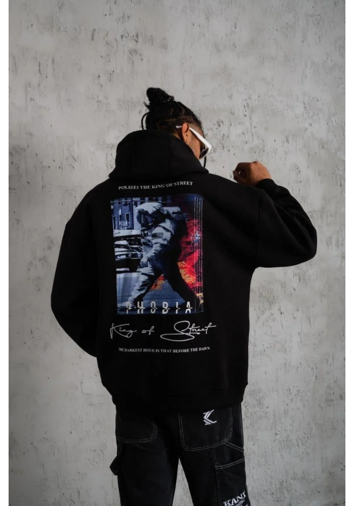 Erkek Astronot Baskılı Kapüşonlu Sweat - Siyah