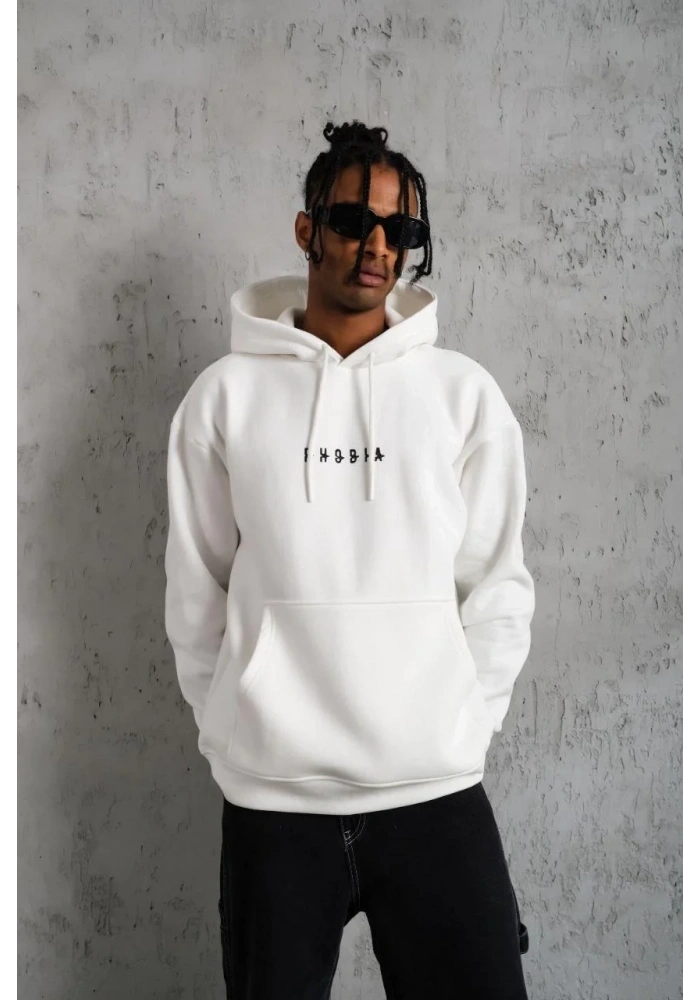 Erkek 3 İplik Pamuklu Kapüşonlu Baskılı Cepli Oversize Sweatshirt Hoodie - Beyaz