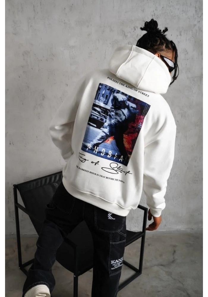 Erkek 3 İplik Pamuklu Kapüşonlu Baskılı Cepli Oversize Sweatshirt Hoodie - Beyaz
