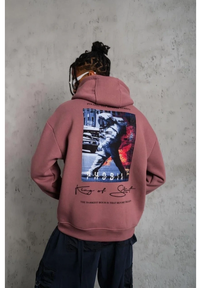 Erkek 3 İplik Pamuklu Kapüşonlu Baskılı Cepli Oversize Sweatshirt Hoodie - Gül Kurusu