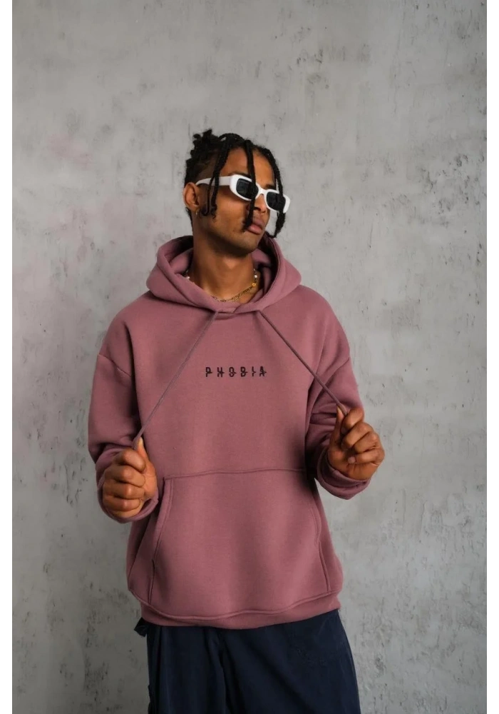 Erkek 3 İplik Pamuklu Kapüşonlu Baskılı Cepli Oversize Sweatshirt Hoodie - Gül Kurusu