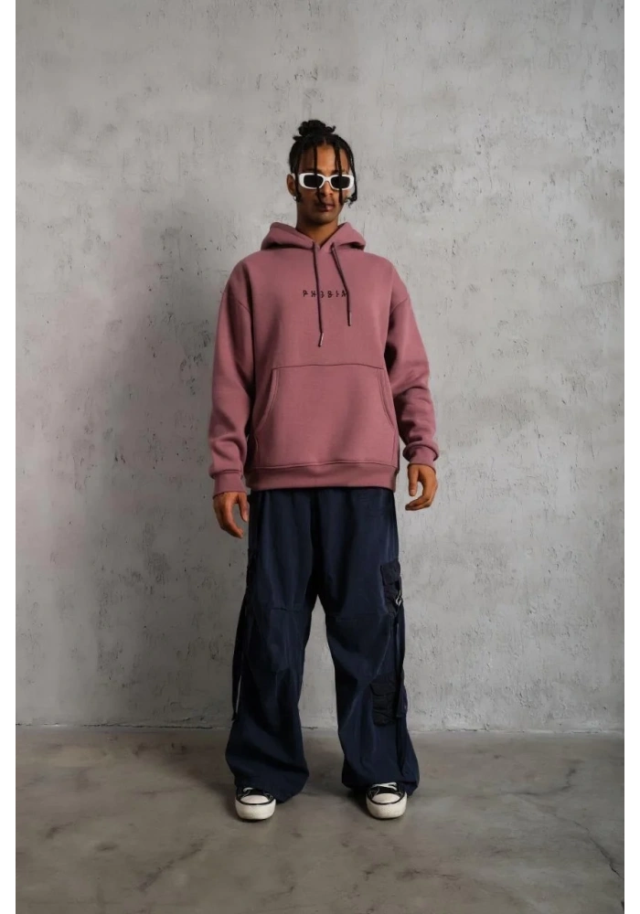 Erkek 3 İplik Pamuklu Kapüşonlu Baskılı Cepli Oversize Sweatshirt Hoodie - Gül Kurusu