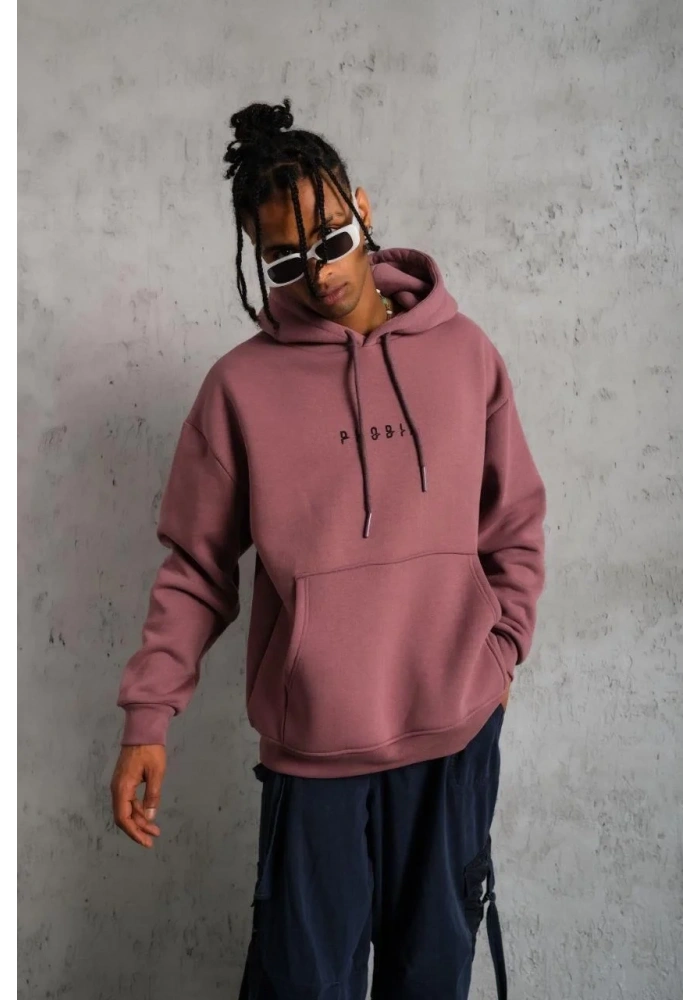Erkek 3 İplik Pamuklu Kapüşonlu Baskılı Cepli Oversize Sweatshirt Hoodie - Gül Kurusu