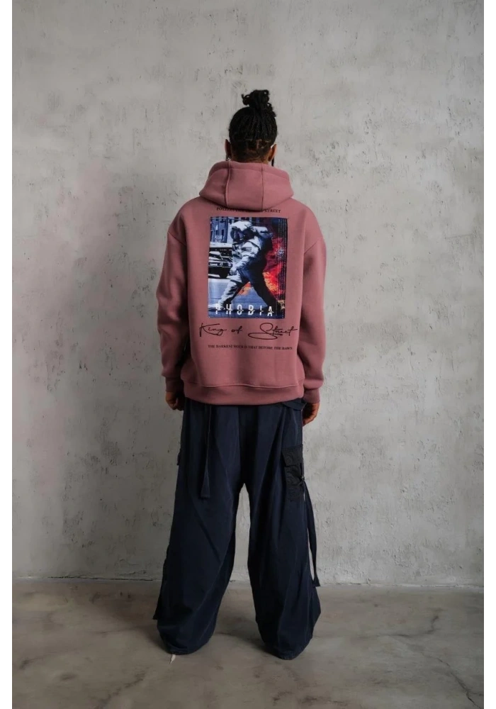 Erkek 3 İplik Pamuklu Kapüşonlu Baskılı Cepli Oversize Sweatshirt Hoodie - Gül Kurusu