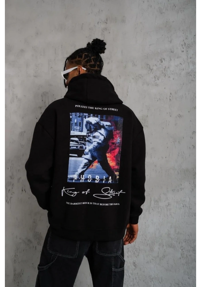 Erkek 3 İplik Pamuklu Kapüşonlu Baskılı Cepli Oversize Sweatshirt Hoodie - Siyah