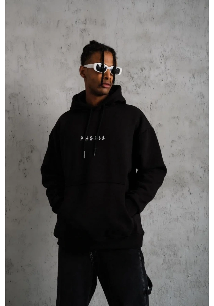 Erkek 3 İplik Pamuklu Kapüşonlu Baskılı Cepli Oversize Sweatshirt Hoodie - Siyah