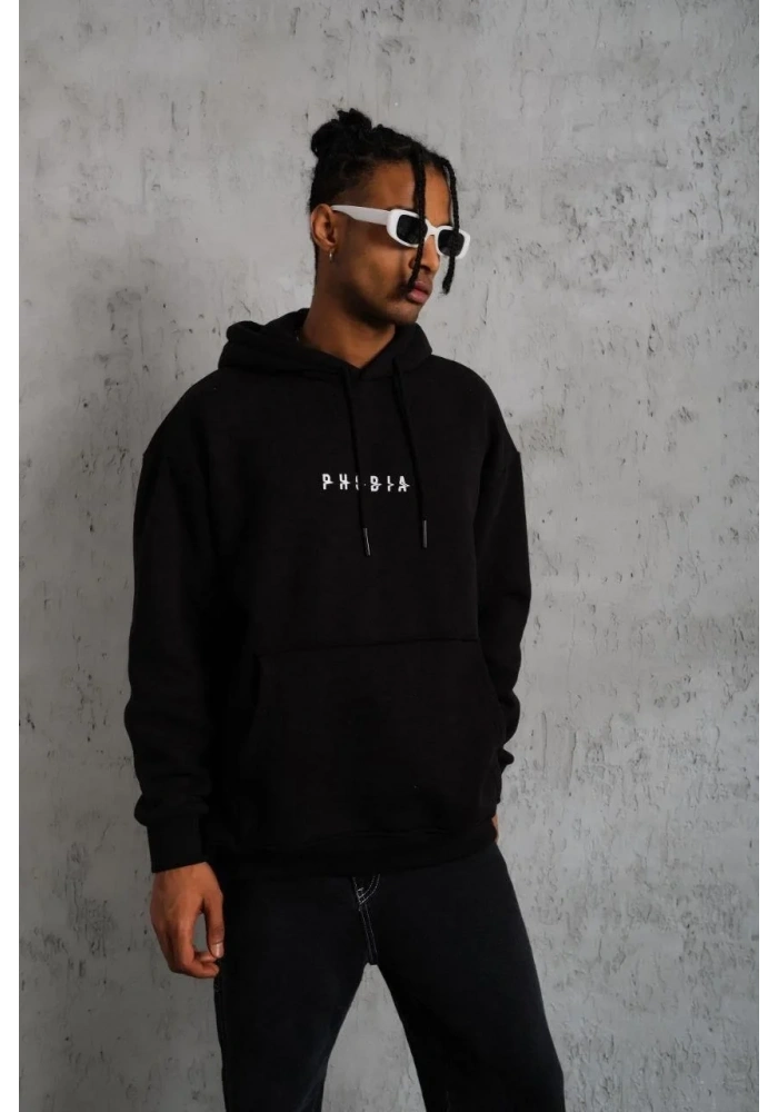 Erkek 3 İplik Pamuklu Kapüşonlu Baskılı Cepli Oversize Sweatshirt Hoodie - Siyah