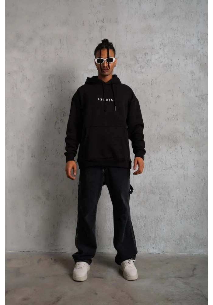 Erkek 3 İplik Pamuklu Kapüşonlu Baskılı Cepli Oversize Sweatshirt Hoodie - Siyah