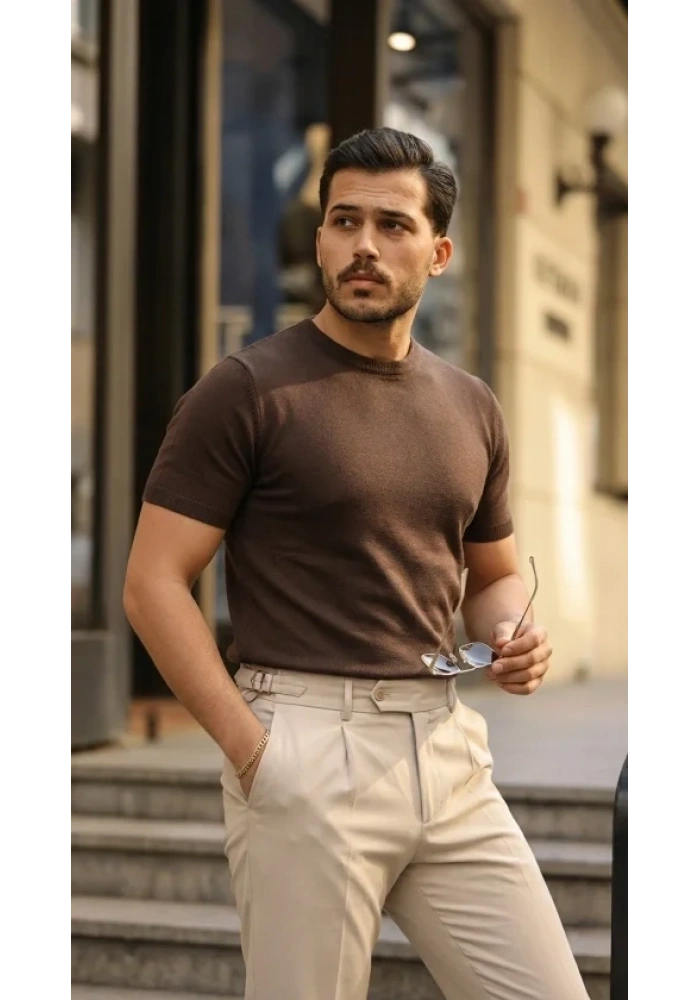 Erkek Basic Bisiklet Yaka Kısa Kollu Triko Tişört - %100 Pamuk Akrilik