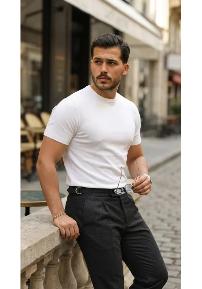 Erkek Basic Bisiklet Yaka Kısa Kollu Triko Tişört - %100 Pamuk Akrilik